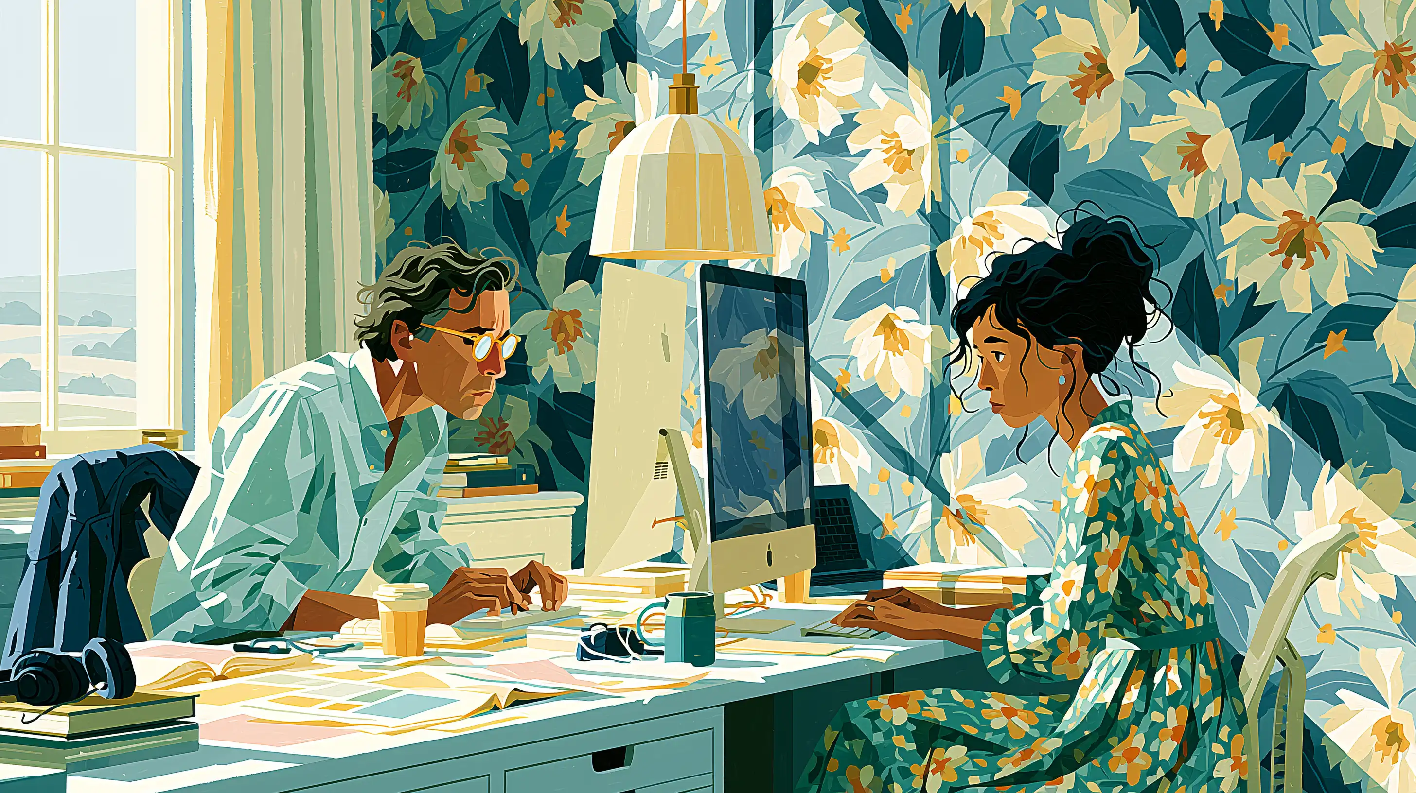 Two people facing each other across a desk