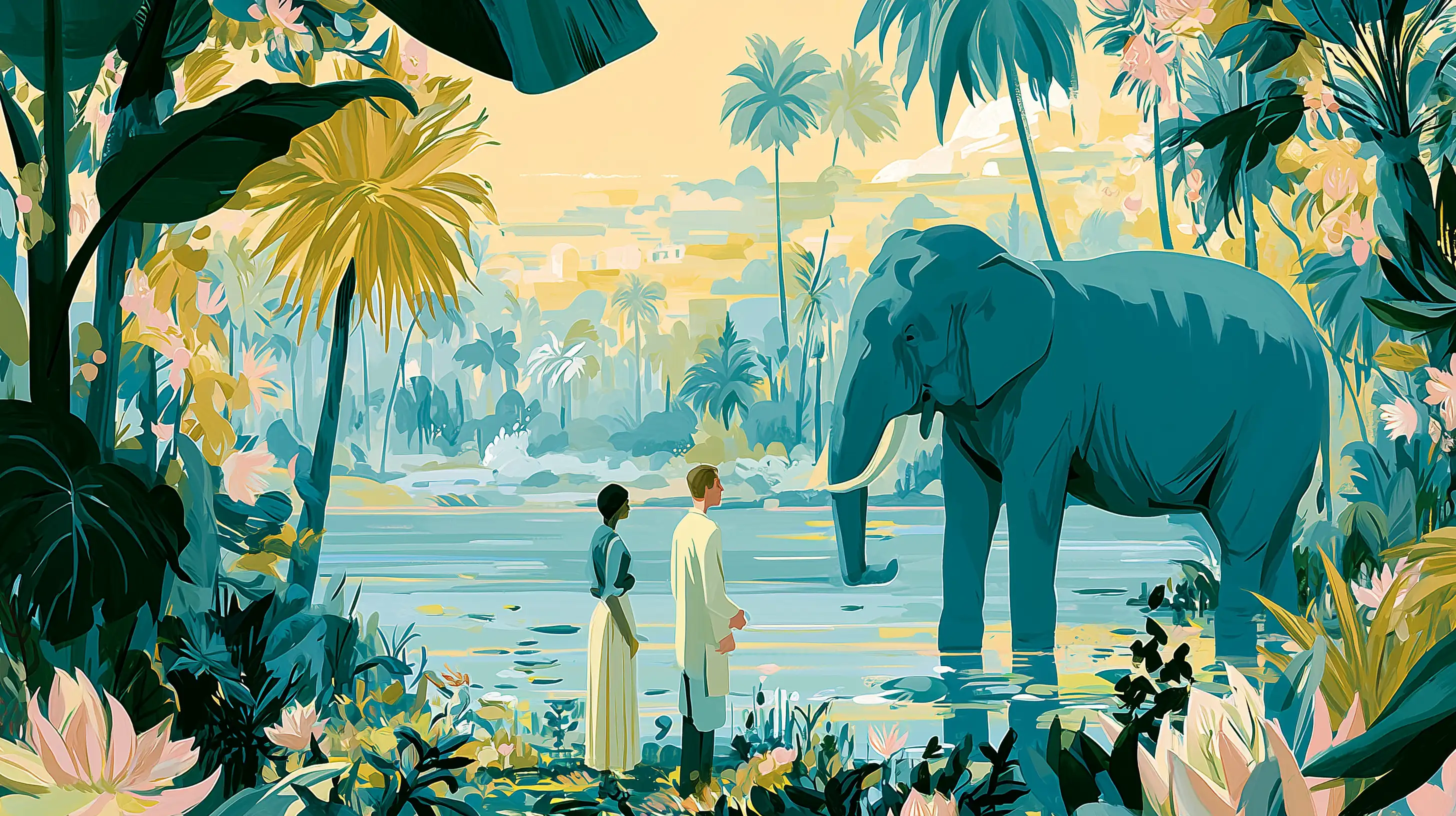 A couple standing by a tropical lagoon, an elephant nearby